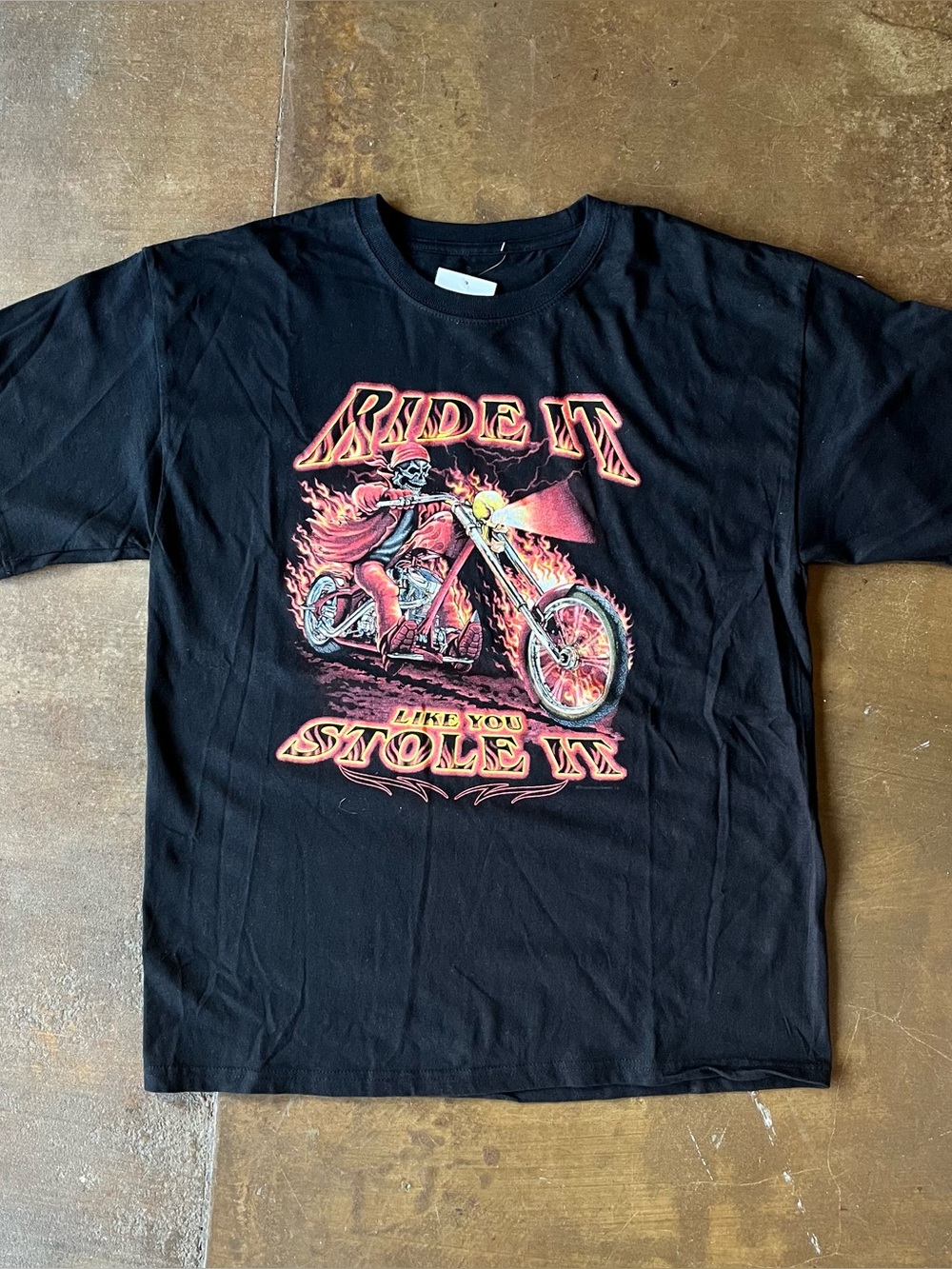 Vintage Y2K Grunge Flame Biker Graphic Ride It Like You Stole It T-Shirt Skull
